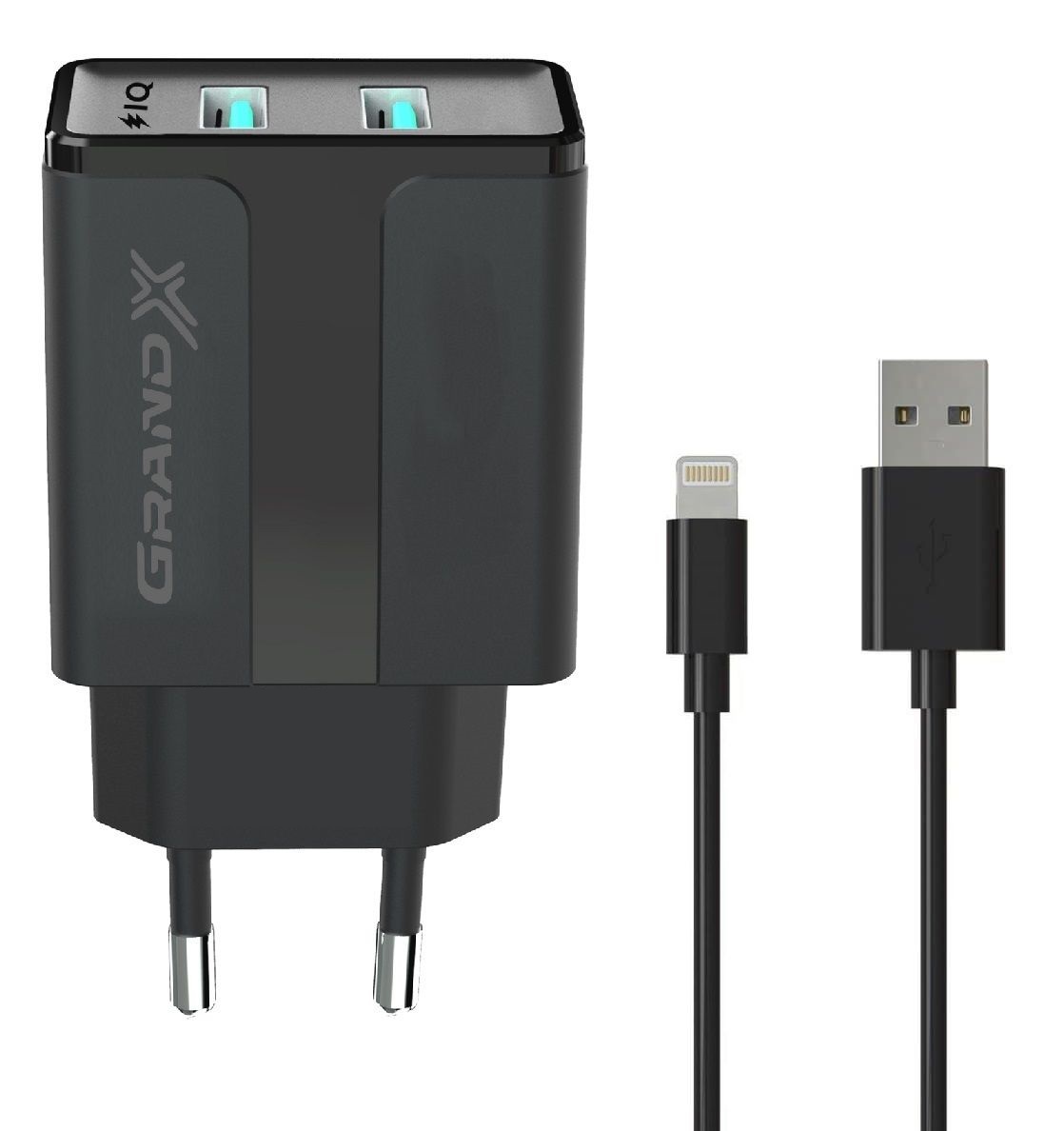 Мережевий зарядний пристрій Grand-X CH15LTB (2хUSB 2.4A) Black + кабель Lightning