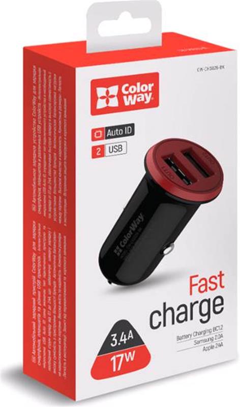 Автомобільний зарядний пристрій ColorWay (2USB,3.4A, 17W) Red/Black (CW-CHA026-BK)