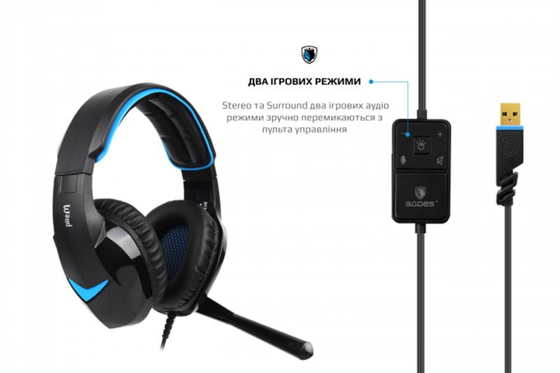 фото Навушники з мікрофоном Sades SA-914 Wand LED 7.1 Virtual Surround Black/Blue (SA914BKU)