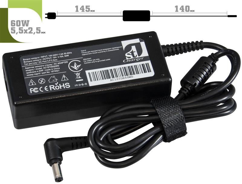 Блок живлення 1StCharger для ноутбука Dell 19V 60W 3.16A 5.5х2.5мм + каб.живл. (AC1STDE60WD)