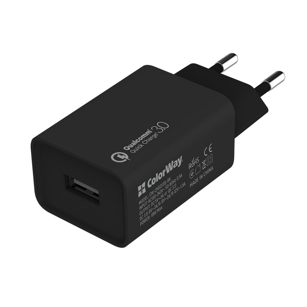 Мережевий зарядний пристрій ColorWay (1USBx3A) QC3.0 Black (CW-CHS013QCC-BK) + кабель USB Type-C