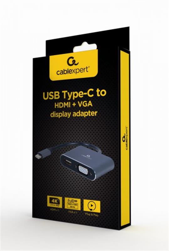 Адаптер Cablexpert HDMI+VGA - USB Type-C (F/M), 0.15 м, Black (A-USB3C-HDMIVGA-01)