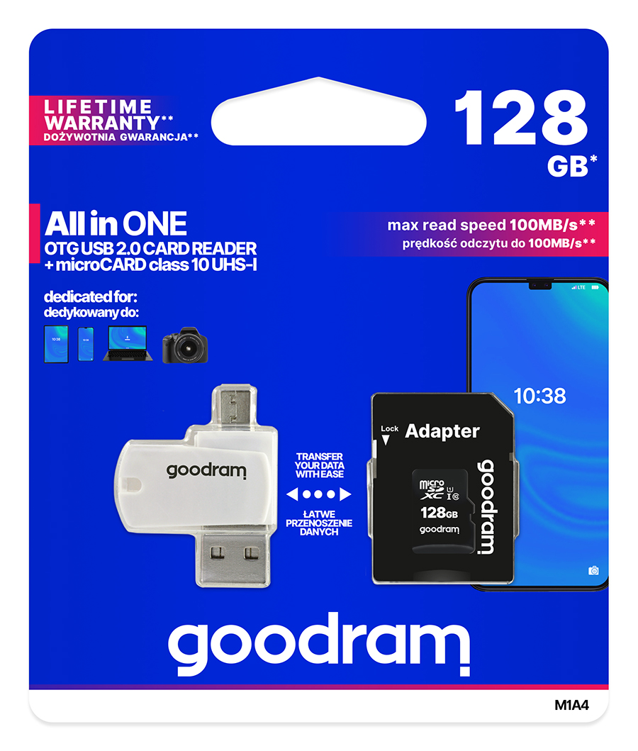 Карта пам`ятi MicroSDXC 128GB UHS-I Class 10 Goodram + SD-adapter + OTG Card reader (M1A4-1280R12)