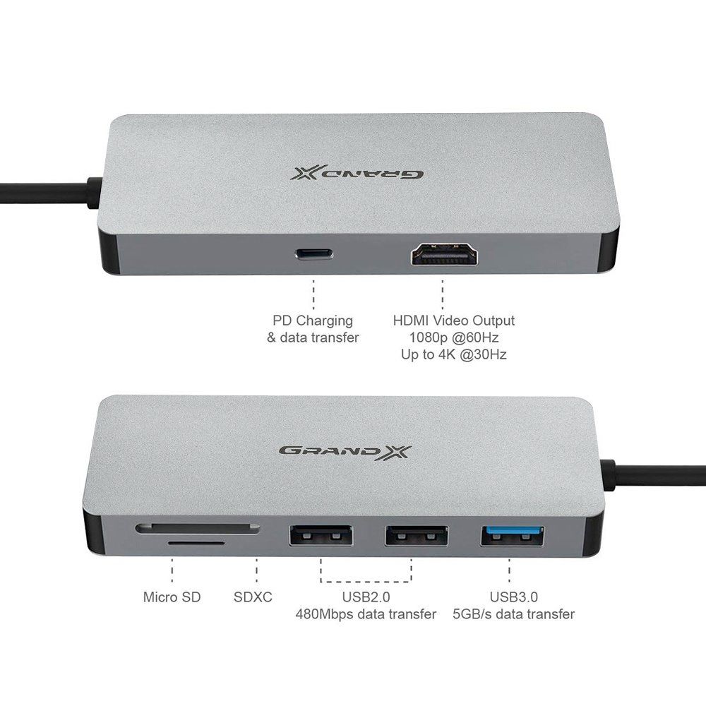 Концентратор USB 3.1 Type-C Grand-X PD Сharging HDMI/3хUSB/Type-C/OTG/CR (SG-512)