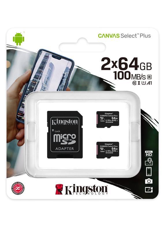 Карта пам`яті MicroSDXC 2x64GB UHS-I Class 10 Kingston Canvas Select Plus R100MB/s + SD-адаптер (SDCS2/64GB-2P1A)