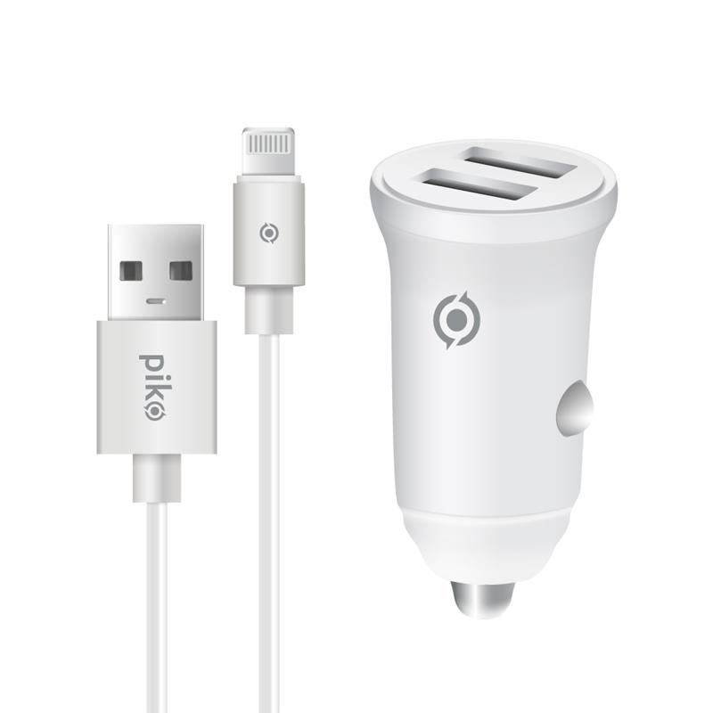 Автомобільний зарядний пристрій Piko CC-312 (2USB, 3.1A) White + кабель Lightning (1283126538810)