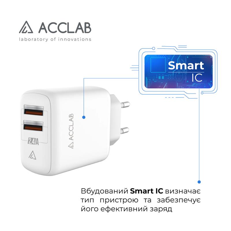 Зарядний пристрій AccLab AL-TC224 2хUSB 5В/2,4A/12W White (1283126538834)