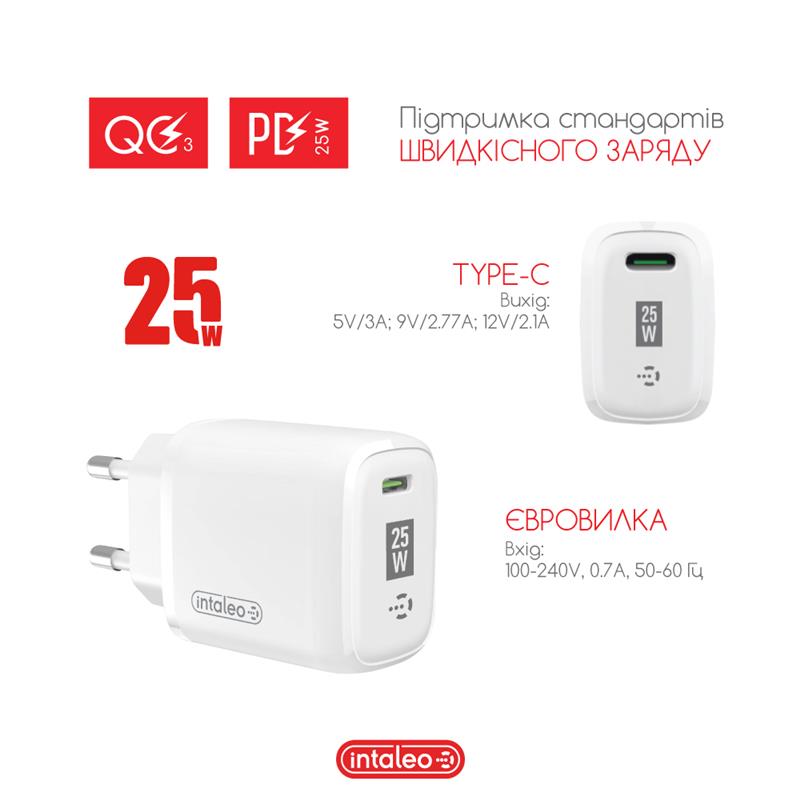 Мережевий зарядний пристрій Intaleo TCGQPD125 (1USBx3A) White (1283126538827)