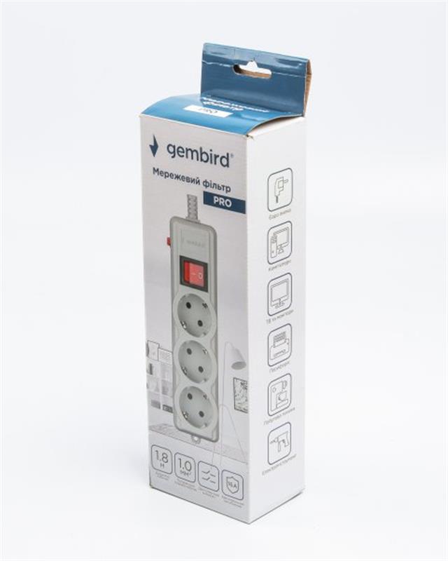 Фільтр живлення Gembird Pro (SPG3-G-6G-PRO) 3 розетки, 1.8м, сірий Фільтр живлення Gembird Pro (SPG3-G-6G-PRO) 3 розетки, 1.8м, сірий