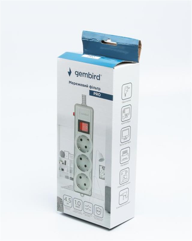 Фільтр живлення Gembird Pro (SPG3-G-15G-PRO) 3 розетки, 4.5м, сірий Фільтр живлення Gembird Pro (SPG3-G-15G-PRO) 3 розетки, 4.5м, сірий