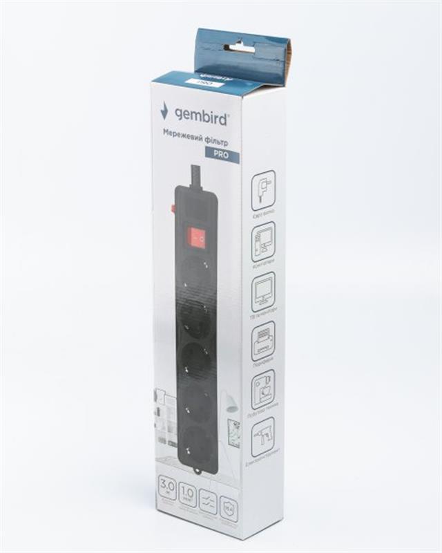 Фільтр живлення Gembird Pro (SPG5-G-10B-PRO) 5 розеток, 3м, чорний Фільтр живлення Gembird Pro (SPG5-G-10B-PRO) 5 розеток, 3м, чорний