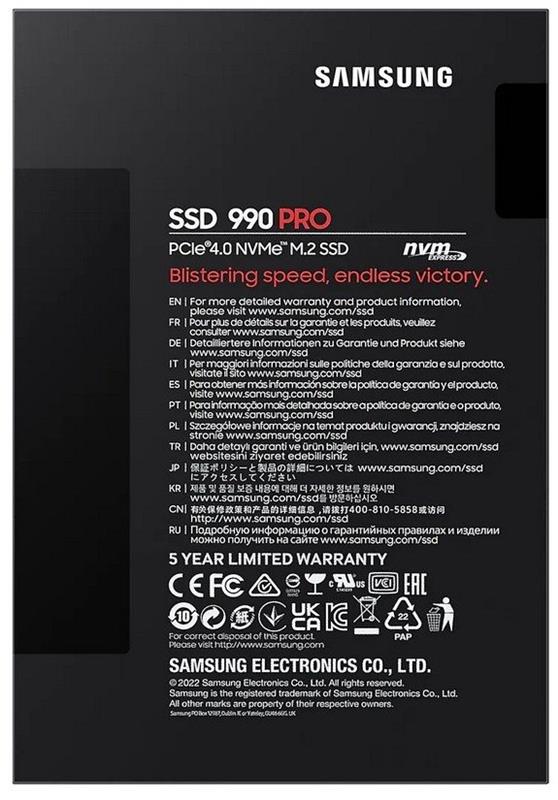 Накопичувач SSD  1ТB Samsung 990 PRO M.2 2280 PCIe 4.0 x4 NVMe V-NAND MLC (MZ-V9P1T0BW)