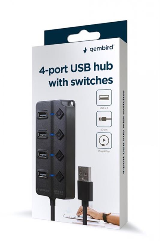 Концентратор USB 2.0 Gembird 4хUSB2.0, з вимикачами, пластик, Black (UHB-U2P4P-01)