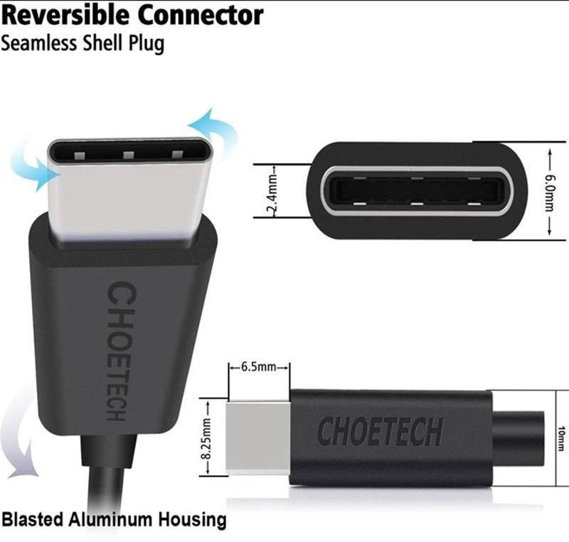 Кабель Choetech USB - USB Type-C (M/M), 2 м, Black (AC0003)