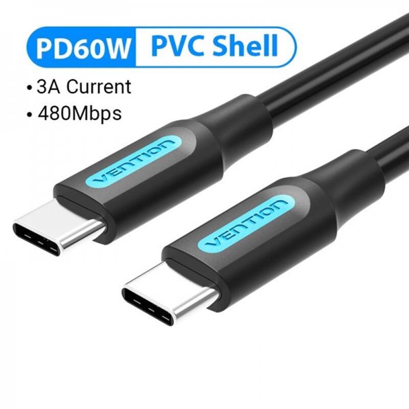 Кабель Vention USB Type-C - USB Type-C TPE Round PD 60W, 3A, 2m, Black (COSBH)