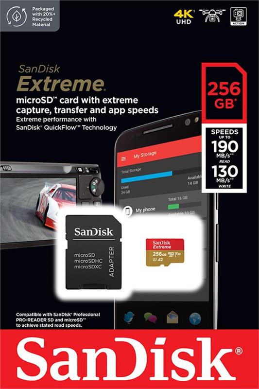 Карта пам`ятi MicroSDXC 256GB C10 UHS-I SanDisk Extreme V30 U3 R190/W130MB/s + SD (SDSQXAV-256G-GN6MA)