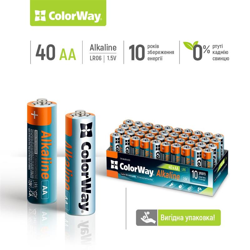 Батарейка ColorWay Alkaline Power AA/LR06 Colour Box 40шт