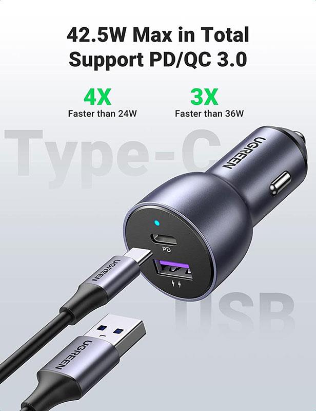 Автомобільний зарядний пристрій Ugreen CD213 (2xUSB 36W (USB-C+USB-A) QC 3.0+ Gray (60980)