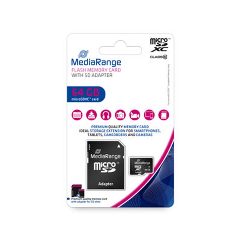 Карта пам`ятi MicroSDHC  64GB Class 10 MediaRange R60/W15MB/s + SD-adapter (MR955)