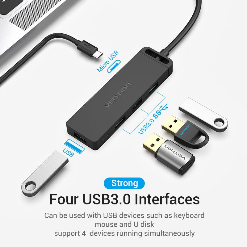 Концентратор Vention 4-Port з micro USB живленням 0.15M Black (TGKBB)