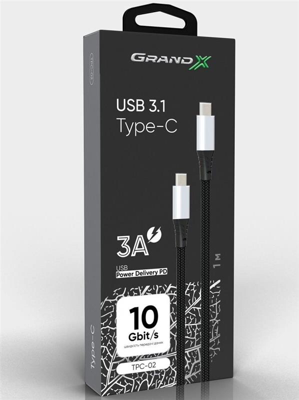 Кабель Grand-X USB Type-C - USB Type-C (M/M), Power Delivery, 65 W, 1 м, Black (TPC-02)