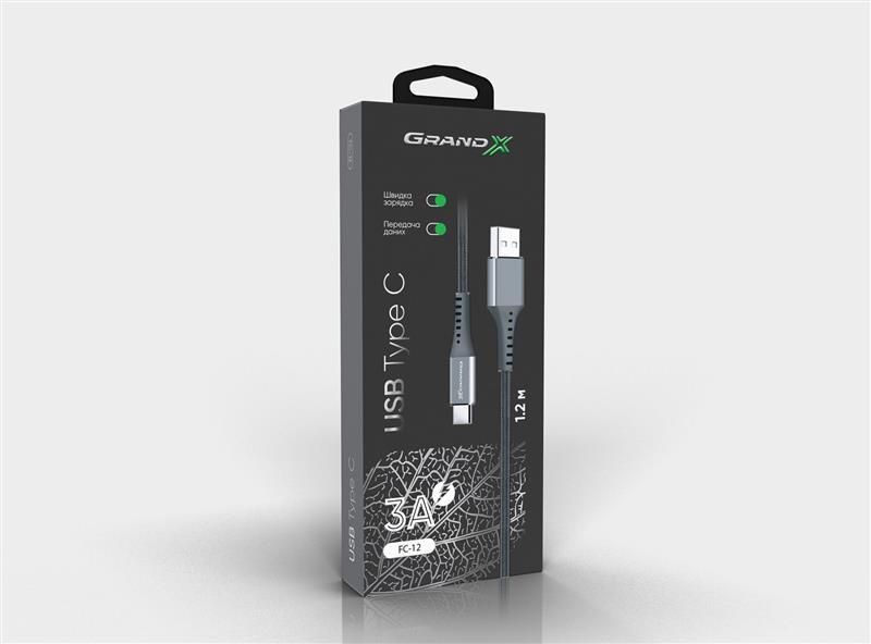 Кабель Grand-X USB - USB Type-C (M/M), 3 A, Fast Сharge, 1.2 м, Grey (FC-12G)