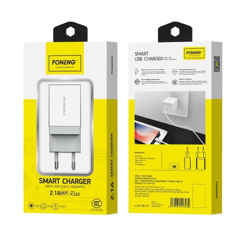 Мережевий зарядний пристрій Foneng K210 Charger (1USBх2.1A) White (K210-CH)