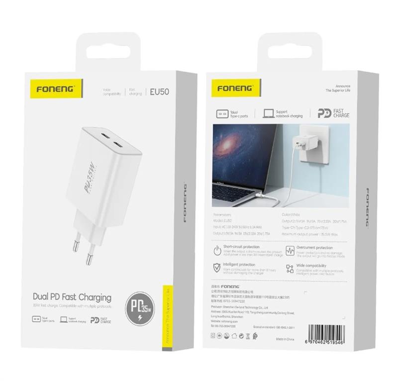 Мережевий зарядний пристрій Foneng EU50 PD35W Fast Charger (2USBх3A) White (EU50-CH)