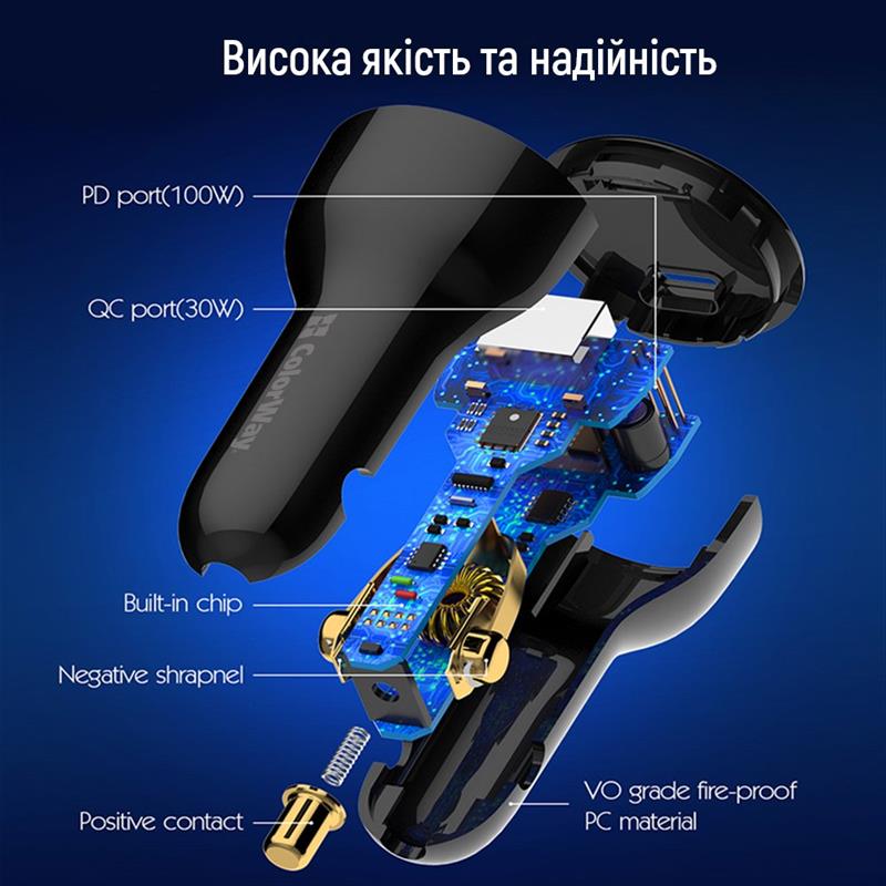 Автомобільний зарядний пристрій ColorWay Power Delivery Port PPS USB (USB-A + USB-C, 100W) PD, QC Black (CW-CHA044PD-BK)