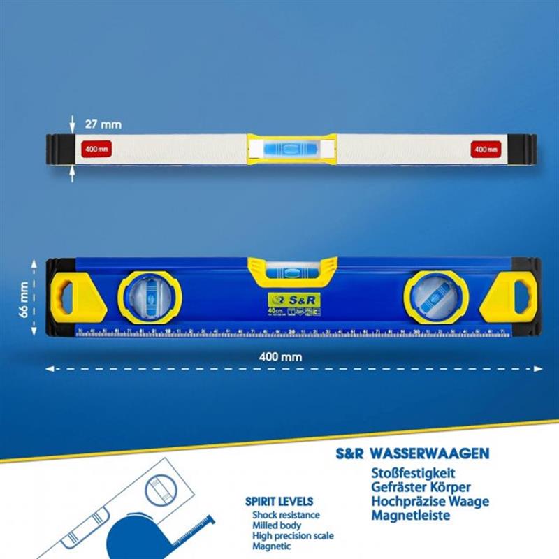 Рівень S&R 400 мм, 3 капсули, магнітний (423032040)