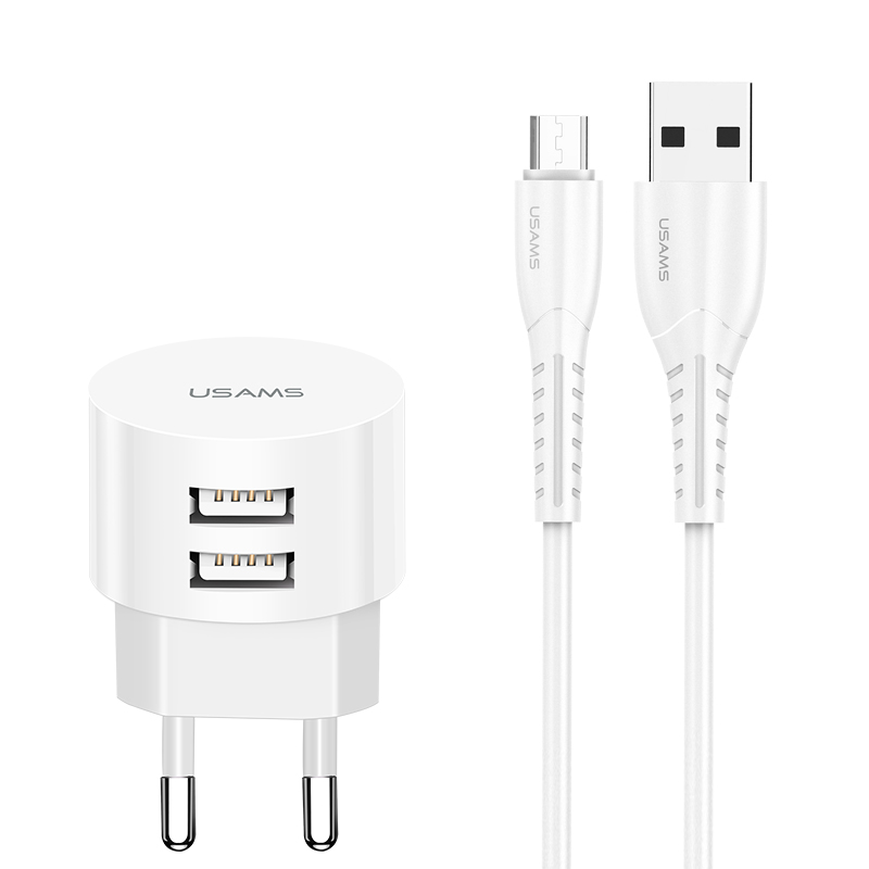 Мережевий зарядний пристрій Usams T20 (2USB, 2.1А) White (XTXLOGT18TC05) + кабель Type-C