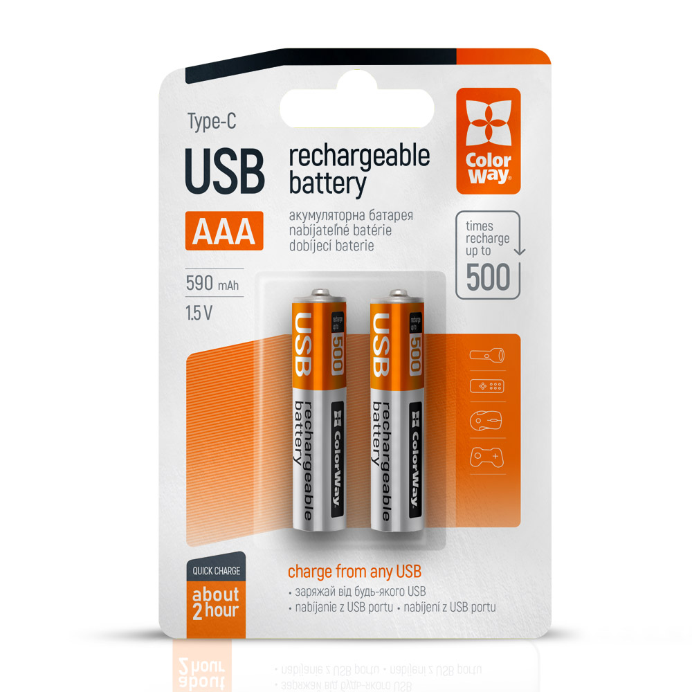 Акумулятор USB-C ColorWay (CW-UBAAA-09) AAA/HR03 Li-Pol 590 mAh BL 2шт