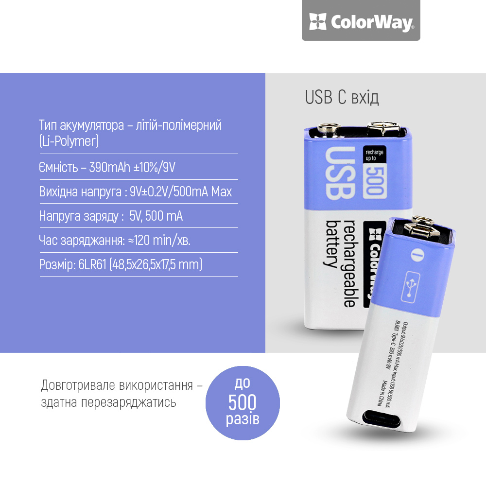 Акумулятор USB-C ColorWay (CW-UB9V-06) Крона Li-Pol 390 mAh BL