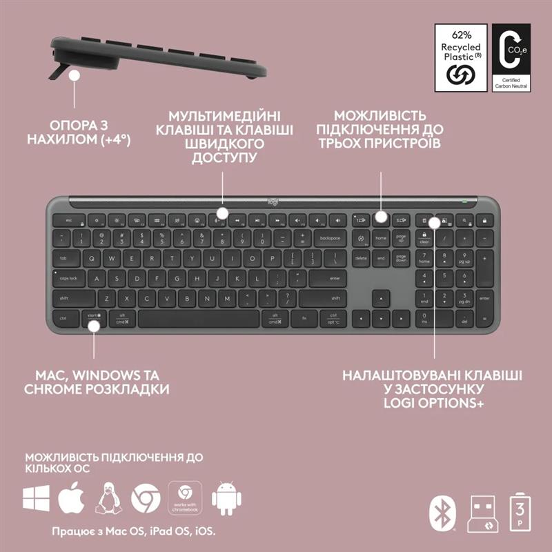 Клавiатура бездротова Logitech Signature Slim K950 US Graphite USB (920-012465)