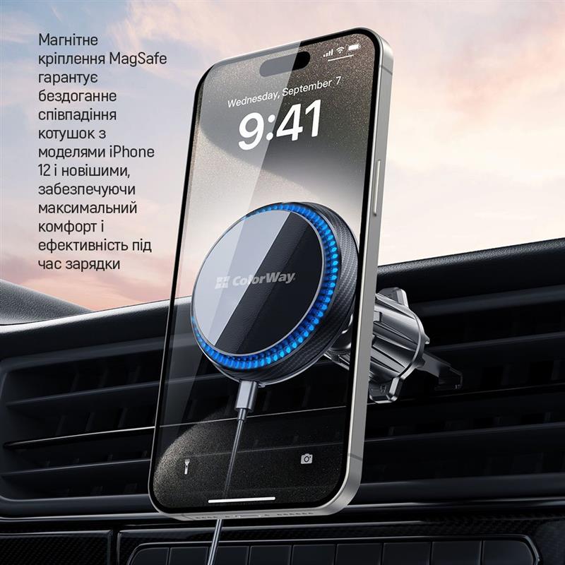 Бездротовий зарядний пристрій СolorWay MagSafe 360° Air Vent 15W Black (CW-CHMW041Q-BK)