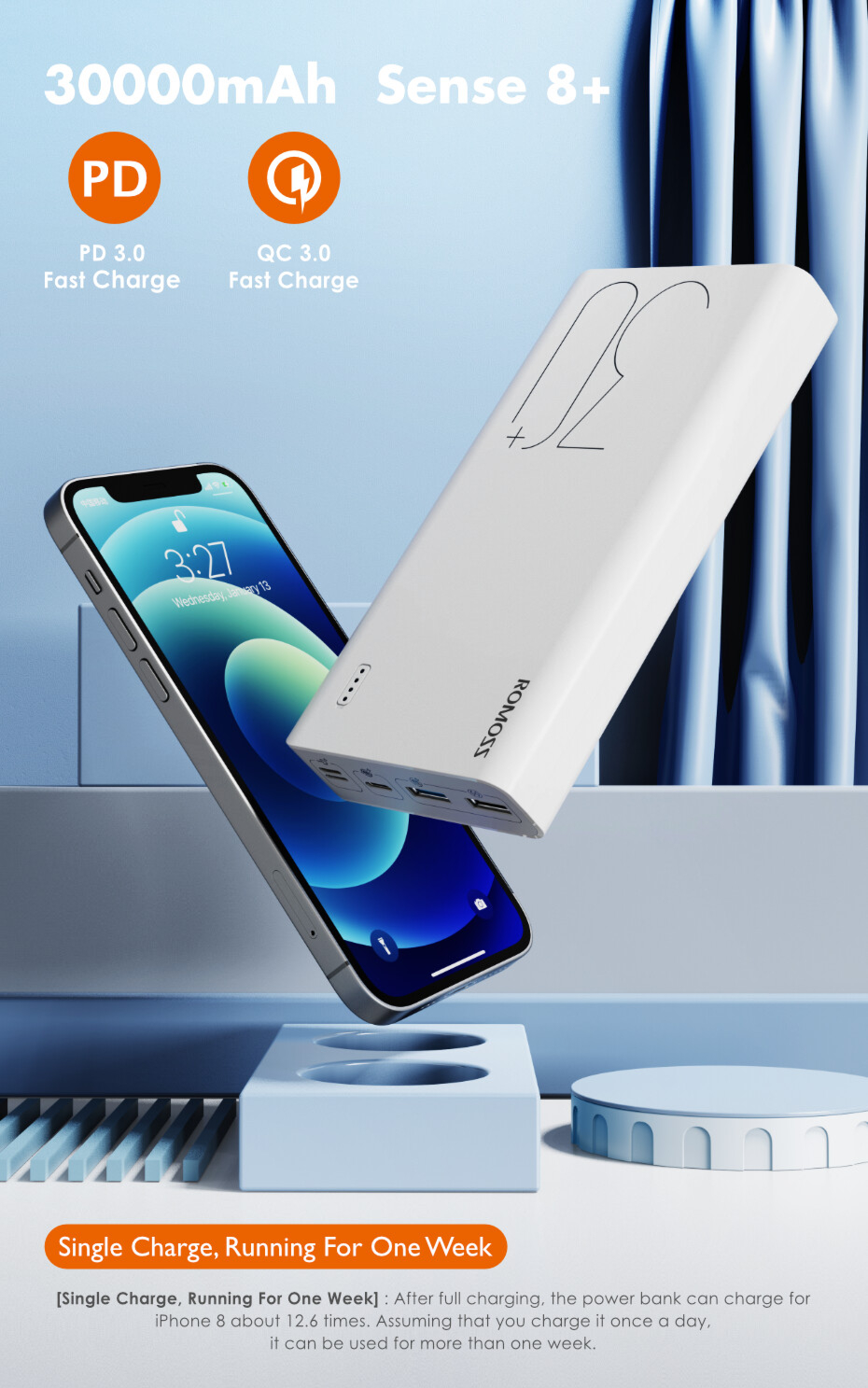 Універсальна мобільна батарея Romoss Sense8+ 30000mAh White (PHP30-401-02)