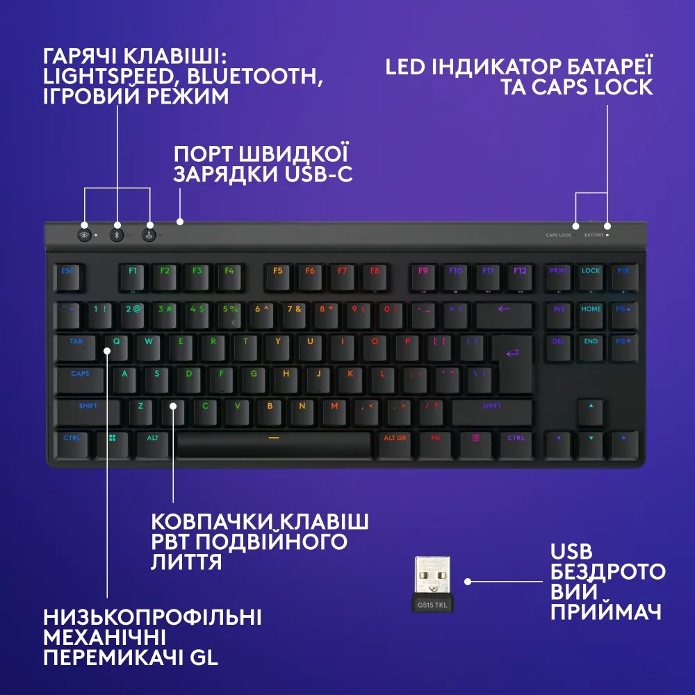 Клавiатура бездротова Logitech G515 Lightspeed TKL Black (920-012538)