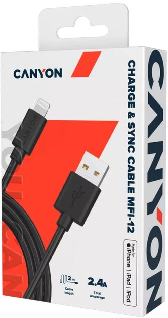 Кабель Canyon MFI-12 USB - Lightning 2м, Black (CNS-MFIC12B)