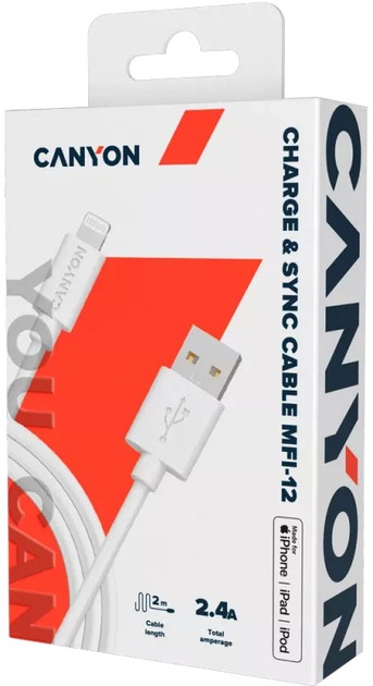 Кабель Canyon MFI-12 USB - Lightning 2м, White (CNS-MFIC12W)