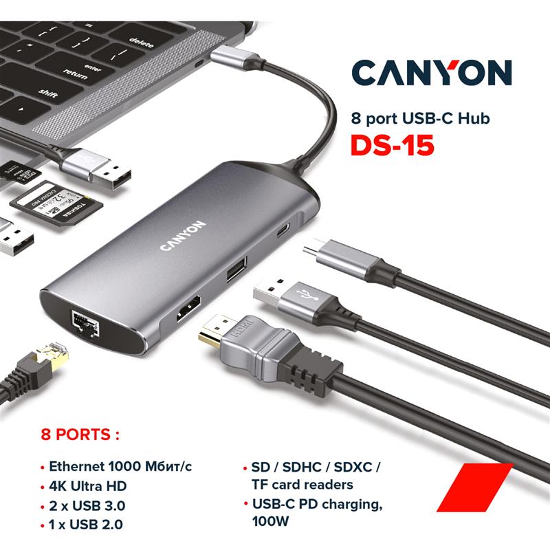 Док-станція Canyon DS-15 8in1 Dark Grey (CNS-TDS15)