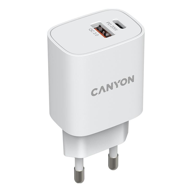 Мережевий зарядний пристрій Canyon H-20-04 (2USB, 3A) PD, QC3.0 White (CNE-CHA20W04)