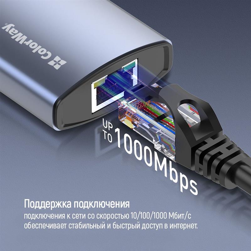 Док-станція СolorWay USB-C 6-в-1 Type C PD 100W/USB3.0х3/HDMI 4К/RJ45 (CW-HUB02)