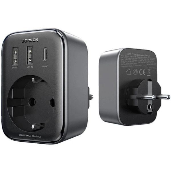 Зарядний пристрій Ugreen CD314 30W Outlet Extender (2хUSB-A+USB-C) Black (90613)