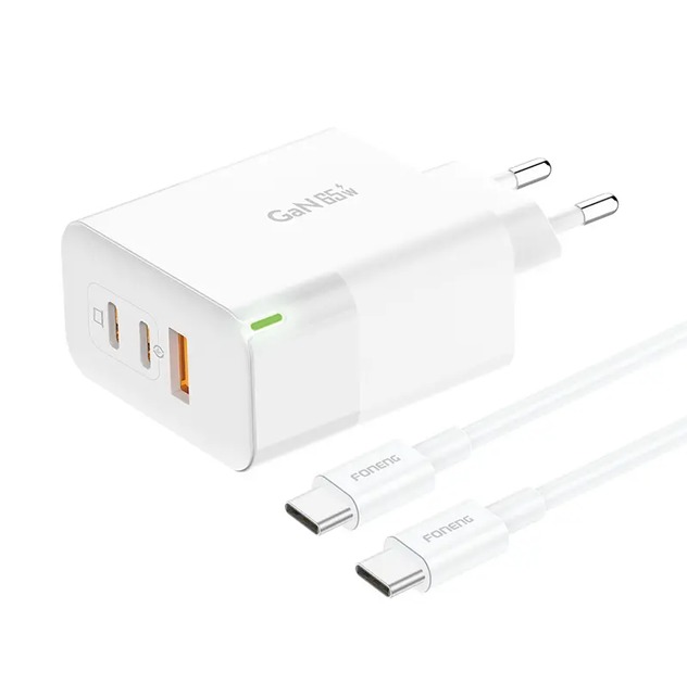 Мережевий зарядний пристрій Foneng GAN65 USB-A 2xUSB-C GaN 65W White + кабель USB-C