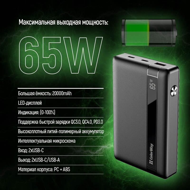 Універсальна мобільна батарея ColorWay Powerful 20000mAh Black (CW-PB200LPA3BK-PDD)