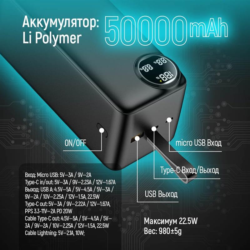 Універсальна мобільна батарея ColorWay LCD 50000mAh Black (CW-PB500LPA4BK-PDD)