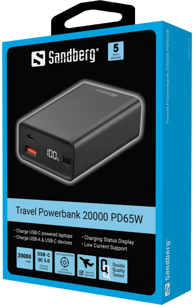 Універсальна мобільна батарея Sandberg Travel Powerbank 20000mAh PD 65W Black (420-95)