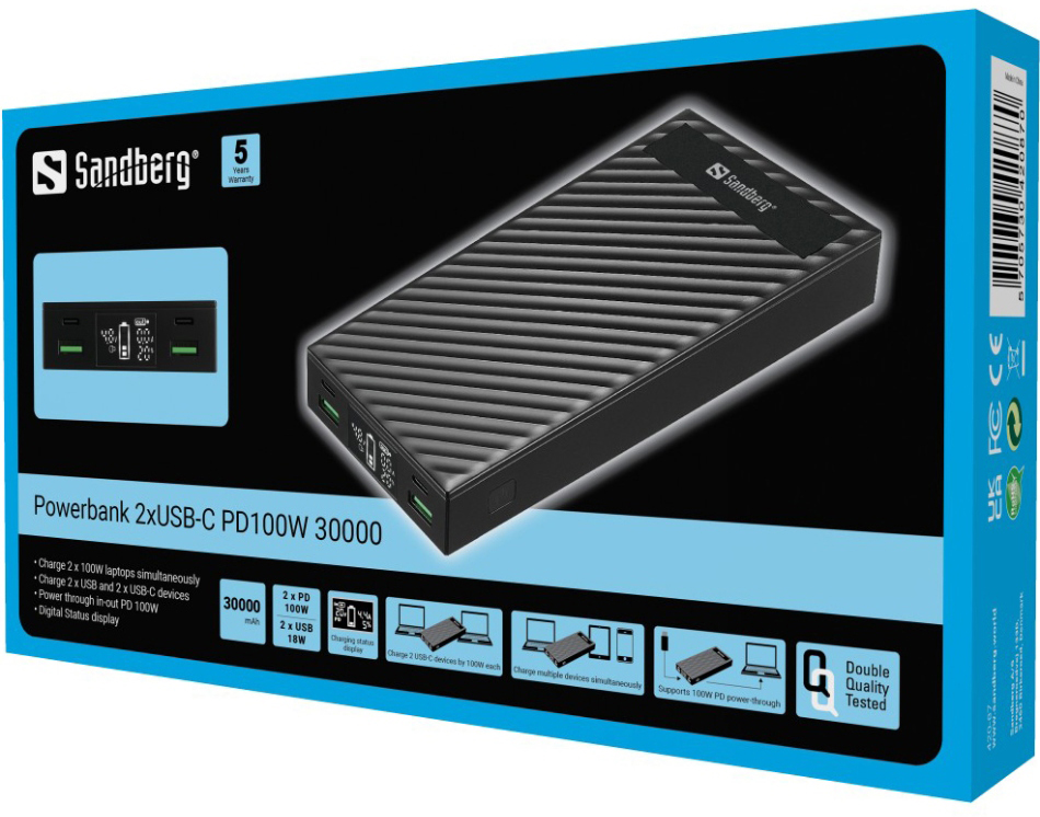 Універсальна мобільна батарея Sandberg Powerbank 30000mAh PD 100W Black (420-87)