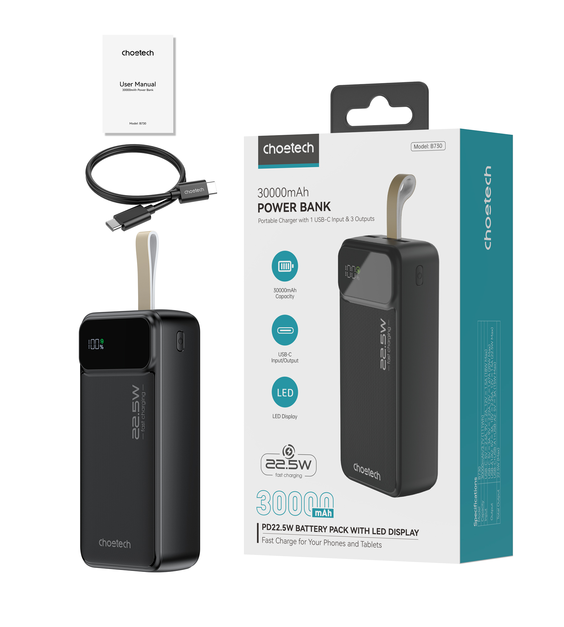 Універсальна мобільна батарея Choetech B730 30000mAh Black (B730-BK)