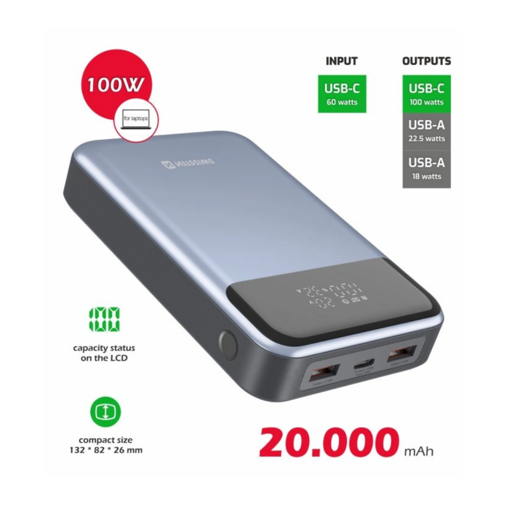 Універсальна мобільна батарея Swissten 20000mAh 100W Black/Silver (8595217483781)